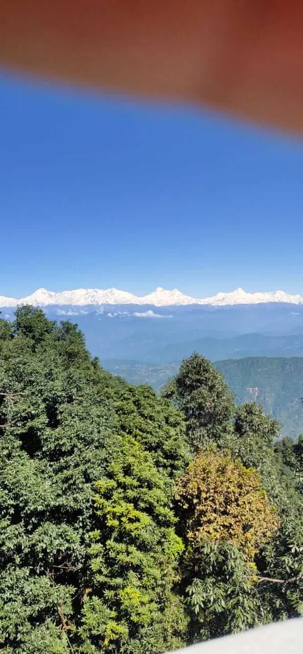 The Himalayan snow range beyond the forested hills of Binsar
