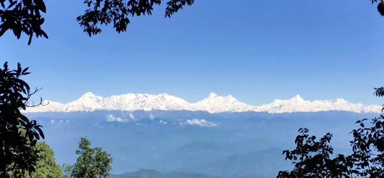 The Himalayan snow range above the valley